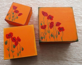 Wood box with Poppies in Orange, hand painted custom floral chest treasure jewelry, Red Poppy flower motif wooden keepsake trinket box