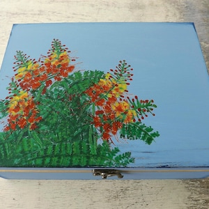 Big wooden Tea box: Peacock flowers, custom handpainted chest, Tea bag organizer holder, 12 compartments