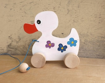 Wood pull toy Duck in White, custom hand cut handmade toy on wheels for kids toddlers, push and pull personalized wooden Duck toy