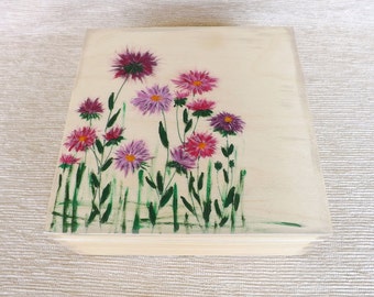 Large wooden Tea box - Aster flowers, custom hand-painted trinket floral big box for jewelry treasures, Tea bags holder organizer storage