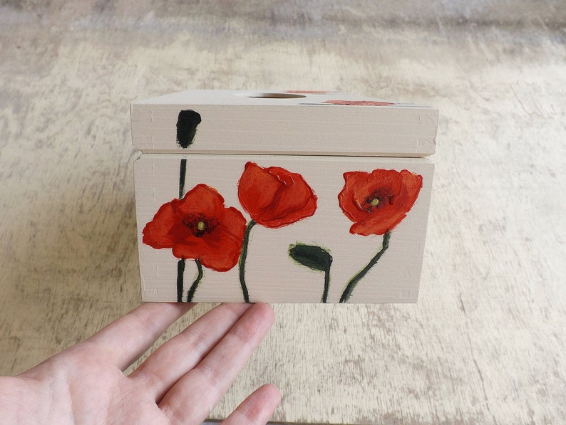 Wood Tissue Box Cover with flowers, handpainted personalized wooden rectangular box, Poppies Tulips Lavender Hibiscus decor Tissue holder zdjęcie 9