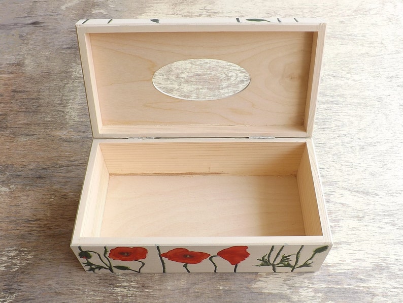 Wood Tissue Box Cover with flowers, handpainted personalized wooden rectangular box, Poppies Tulips Lavender Hibiscus decor Tissue holder zdjęcie 10