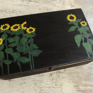 Big wood Tea box with Sunflowers, hand painted custom Tea bag organizer holder storage chest, personalized wooden trinket jewelry box