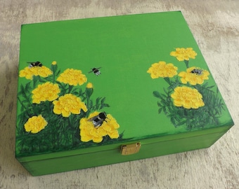 Tea box with painting Marigolds, personalized big wooden chest, Tea bags storage holder organizer, 12 compartments decorative wood box