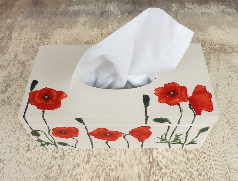 Wood Tissue Box Cover with flowers, handpainted personalized wooden rectangular box, Poppies Tulips Lavender Hibiscus decor Tissue holder Poppies