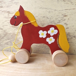 Wooden pull push toy Horse in Red, handmade custom toy on wheels, personalized wooden Horse for toddlers