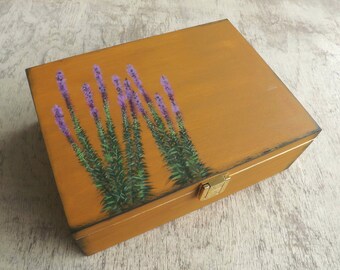 Wood Tea box with Prairie Blazing Star, hand-paint customized wooden storage box for Tea lover drinker, Tea bag organizer holder