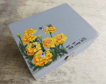 Custom wood Tea box - Marigolds, hand painted chest for Tea lover, wooden Tea bags storage holder organizer, personalized trinket box