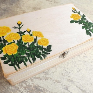 Große Teekiste aus Holz mit Rosen, handbemalte individuelle Schmuckschatulle für Schmuckschätze, personalisierter Teebeutelhalter-Organisatoraufbewahrung