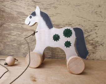 Wooden pull push toy Horse in Silver, personalized hand painted toy for toddlers, custom wood toy on wheels