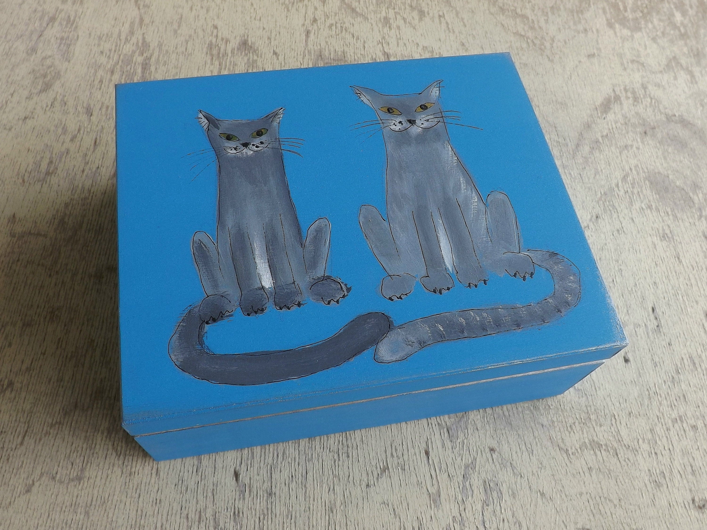 Custom wood box: Cats in Blue, handpainted personalized small keepsake chest, Cat lovers decorative casket