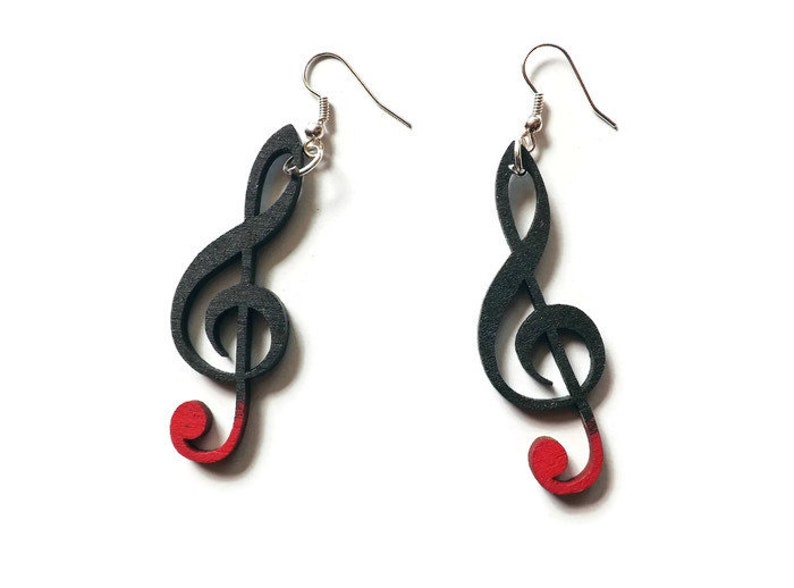 Wood Earrings Violin Clef Black Funky Long Dangle Music Note Etsy