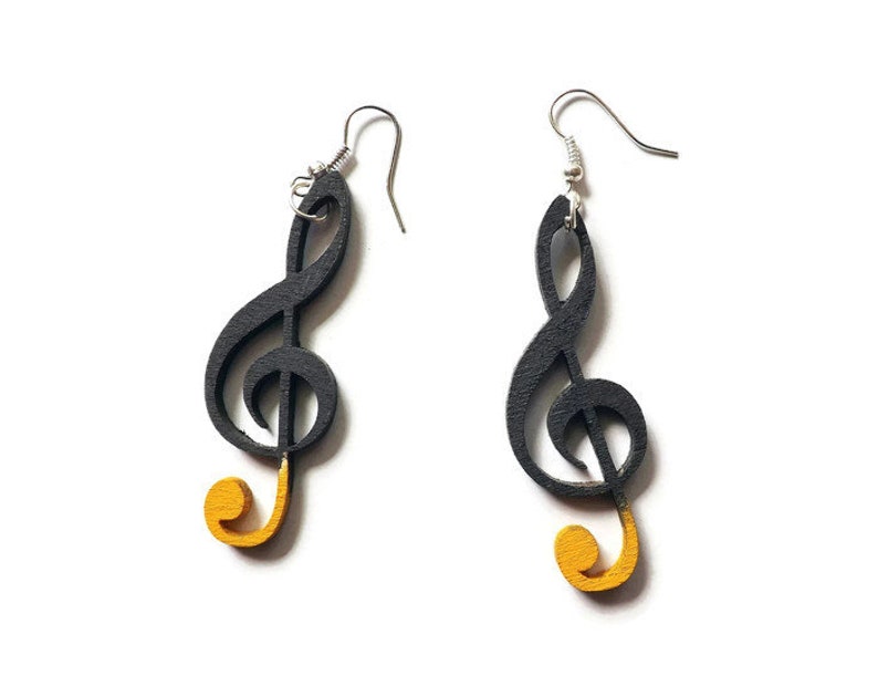 Wood Earrings Violin Clef Black Funky Long Dangle Music Note Etsy