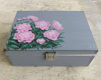 Boîte à thé en bois avec pivoines, coffre personnalisé peint à la main pour les amateurs de thé, porte-organisateur de sachet de thé en bois, boîte florale personnalisée