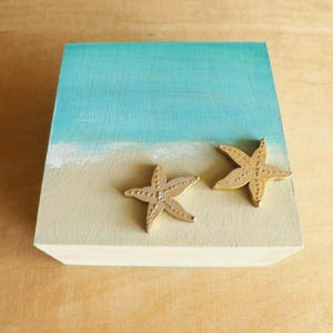 Wood little box with Starfish, hand-painted wooden chest decorative customized trinket box, small treasure jewelry keepsake box Blue Sea