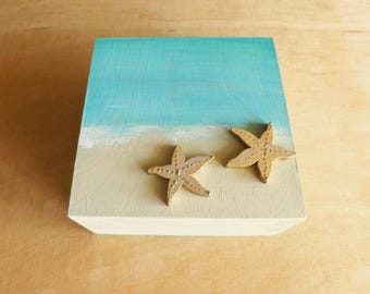 Wood little box with Starfish, hand-painted wooden chest decorative customized trinket box, small treasure jewelry keepsake box Blue Sea