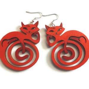 Wooden round earrings Cat Red, dangle hand-painted laser cut wood customized funky jewelry for Cats lover