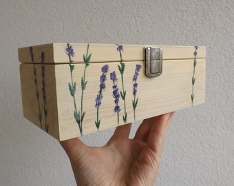 Wooden Tea box with Lavender, hand paint small chest for jewelry, personalized gift for Tea lover, Tea bags holder organizer, 3 compartments