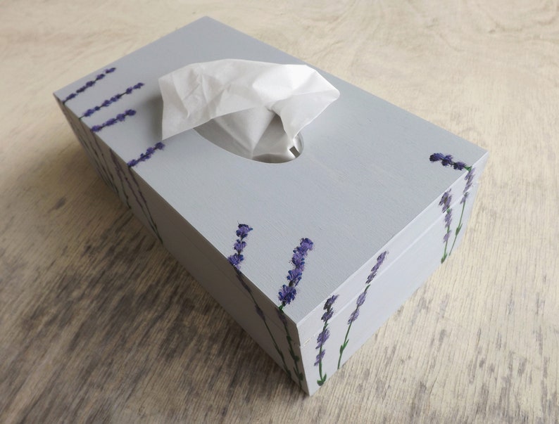 Wood Tissue Box Cover with flowers, handpainted personalized wooden rectangular box, Poppies Tulips Lavender Hibiscus decor Tissue holder Lavender