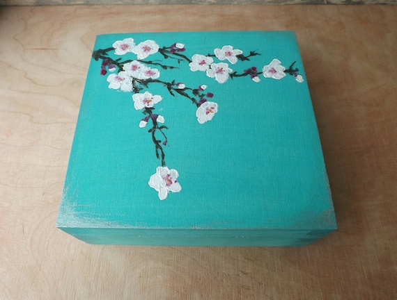 Wooden Box With Cherry Blossom, Hand-painted Flower Custom Chest