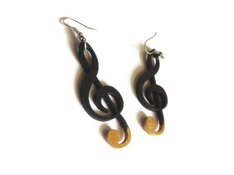 Wood Earrings Violin Clef Black Funky Long Dangle Music Note Etsy