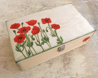 Grande boîte à thé en bois avec coquelicots, coffre en bois personnalisé peint à la main, organisateur de support de rangement pour sachets de thé