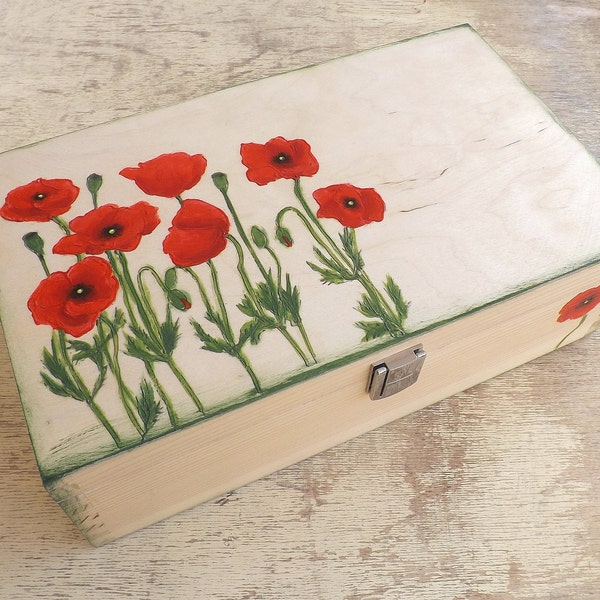 Grande boîte à thé en bois avec coquelicots, coffre en bois personnalisé peint à la main, organisateur de support de rangement pour sachets de thé