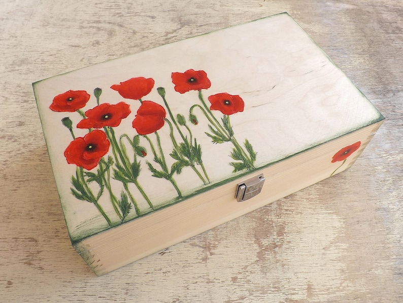 Big wooden Tea box with Poppies, handpainted personalized wood chest, Tea bag storage holder organizer