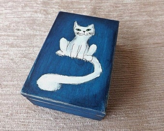 Small wooden box - Cat in Blue, hand painted personalized chest for Cats lover, small trinket treasure jewelry wood box