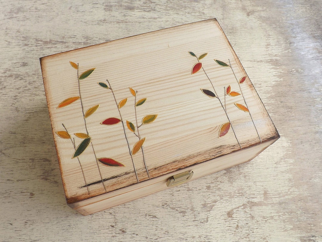 Wood Tea Box With Autumn Leaves, Hand-painted Customized Wooden Storage ...