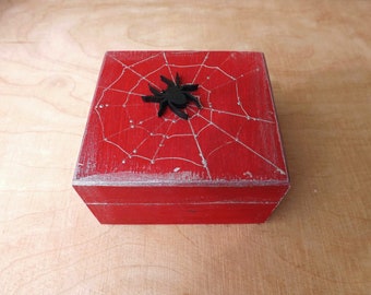 Wood tiny box - Stars Spider or Witch, custom hand-painted wooden chest witches jewelry ring box personalized