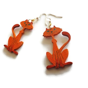 Wooden earrings Cat, customizable multicolor summer jewelry, handpainted funky dangle earrings