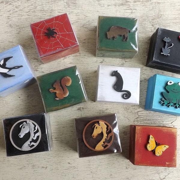 SALE! Wood tiny boxes, handpainted small wooden chest, little trinket box with Cat Horse Bison