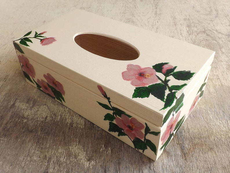 Wood Tissue Box Cover with flowers, handpainted personalized wooden rectangular box, Poppies Tulips Lavender Hibiscus decor Tissue holder zdjęcie 7