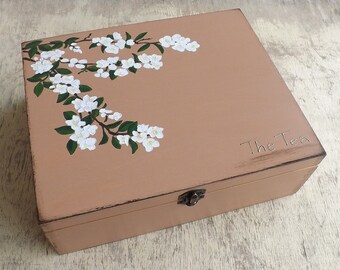 Tea box with painting Jasmine, personalized wooden chest, Tea bags storage holder organizer, 12 compartments wood box, Jasmine blossom tree