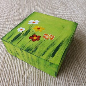 Wood Little Rustic Box With Flowers in Green, Custom Hand Painted ...