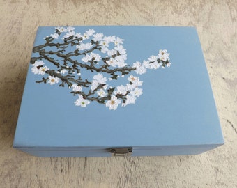 Wooden Tea box - blooming Almond tree, hand paint storage box for Tea lovers, personalized chest with Almond blossom, Tea bags organizer