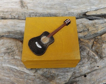 Wooden tiny box with classic Guitar, custom hand-painted gift for music lover, wood trinket mini chest guitar pick box