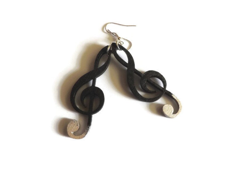Wood Earrings Violin Clef Black Funky Long Dangle Music Note Etsy
