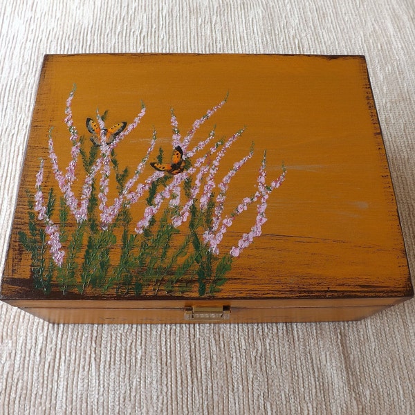 Custom wooden Tea box - Heather, handpainted wood chest for Tea lover, letters jewelry Tea bags storage, personalized Tea box