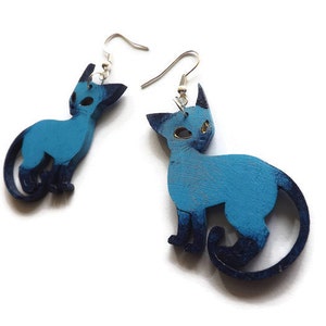 Wooden earrings Cat - Siamese Black Blue Red, hand painted laser cut wood custom jewelry for Cats lover, funky summer dangle earrings