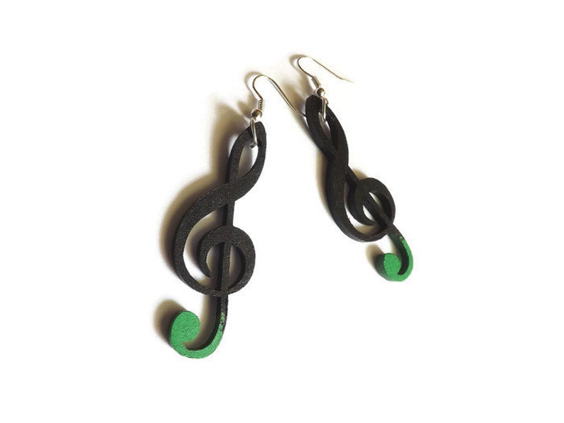 Wood Earrings Violin Clef Black Funky Long Dangle Music Note Etsy