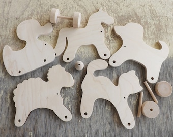 DIY Wooden pull push toy Dog Cat Horse Duck, handmade unfinished animal on wheels
