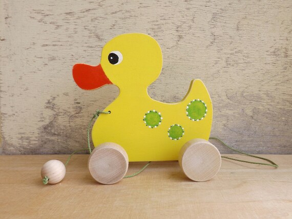 Wood Pull Toy Duck in Yellow Hand Cut Custom Animal Toy Duck on