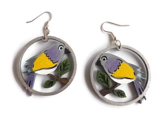 Round wood earrings Bird, hand painted custom jewelry for Birds lover, wooden funky summer dangle earrings