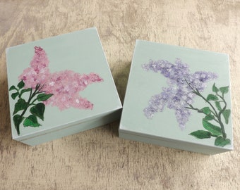 Wood boxes with Lilac, hand-painted custom flowers box, personalized decorative treasure jewelry chest, wooden keepsake trinket box