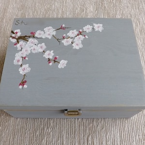 Wood Tea box with Cherry Blossom, handpainted custom wooden storage box for Tea lovers, Gray floral wooden chest Tea bag organizer