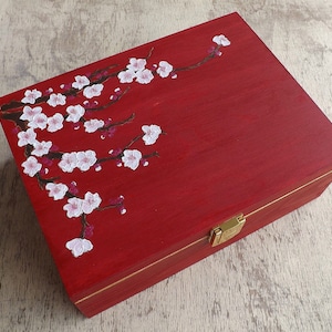Wooden Tea box: Cherry Blossom, hand-painted custom floral chest, Tea bags holder organizer