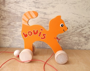 Jouet en bois Cat in Orange, pull push animal sur roues peint à la main, jouet en bois personnalisé pour chat pour les enfants en bas âge