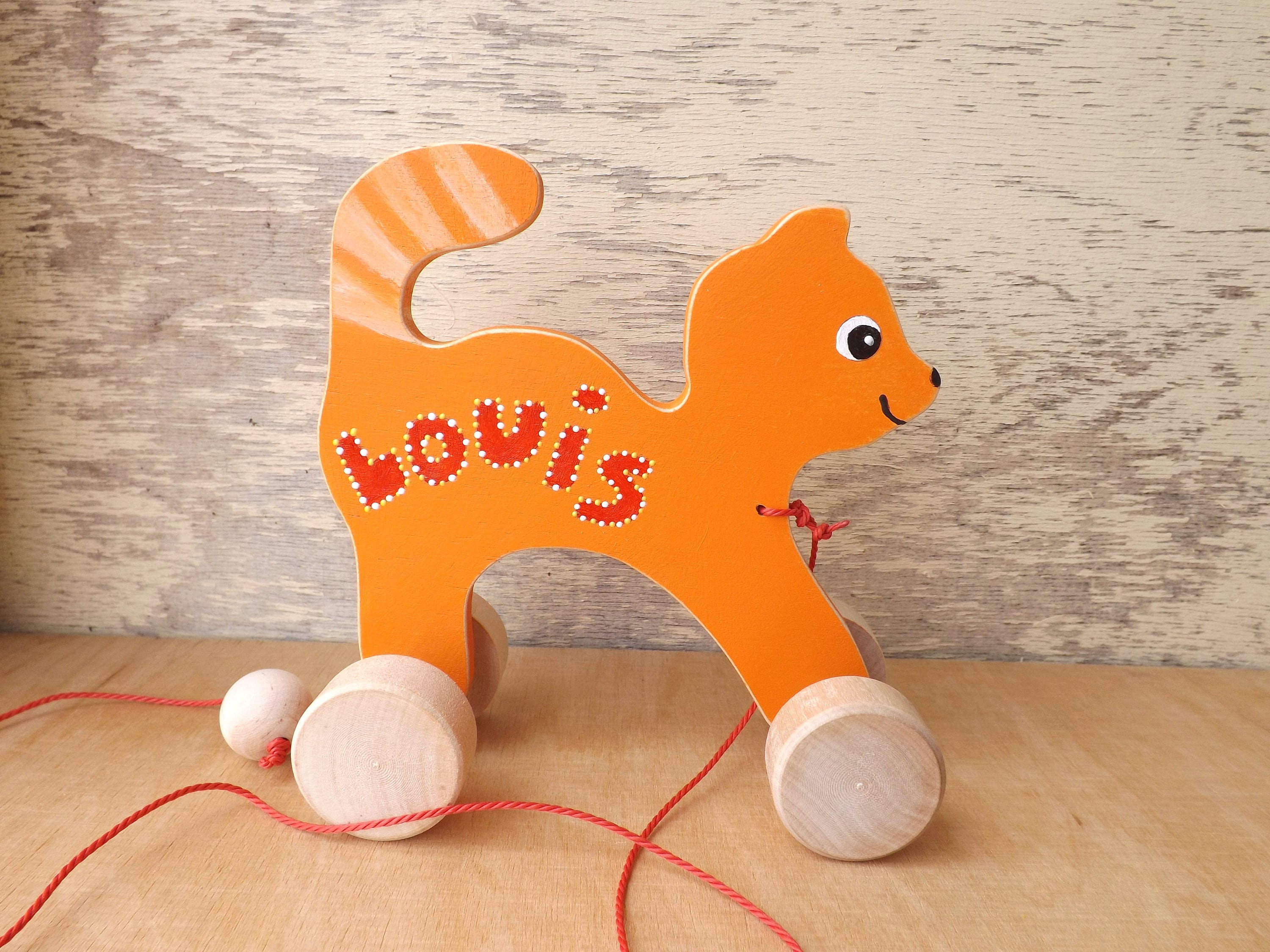 Wood toy Cat in Orange Red, hand-painted custom pull push animal on wheels, handmade personalized wooden Cat toy for kids toddlers